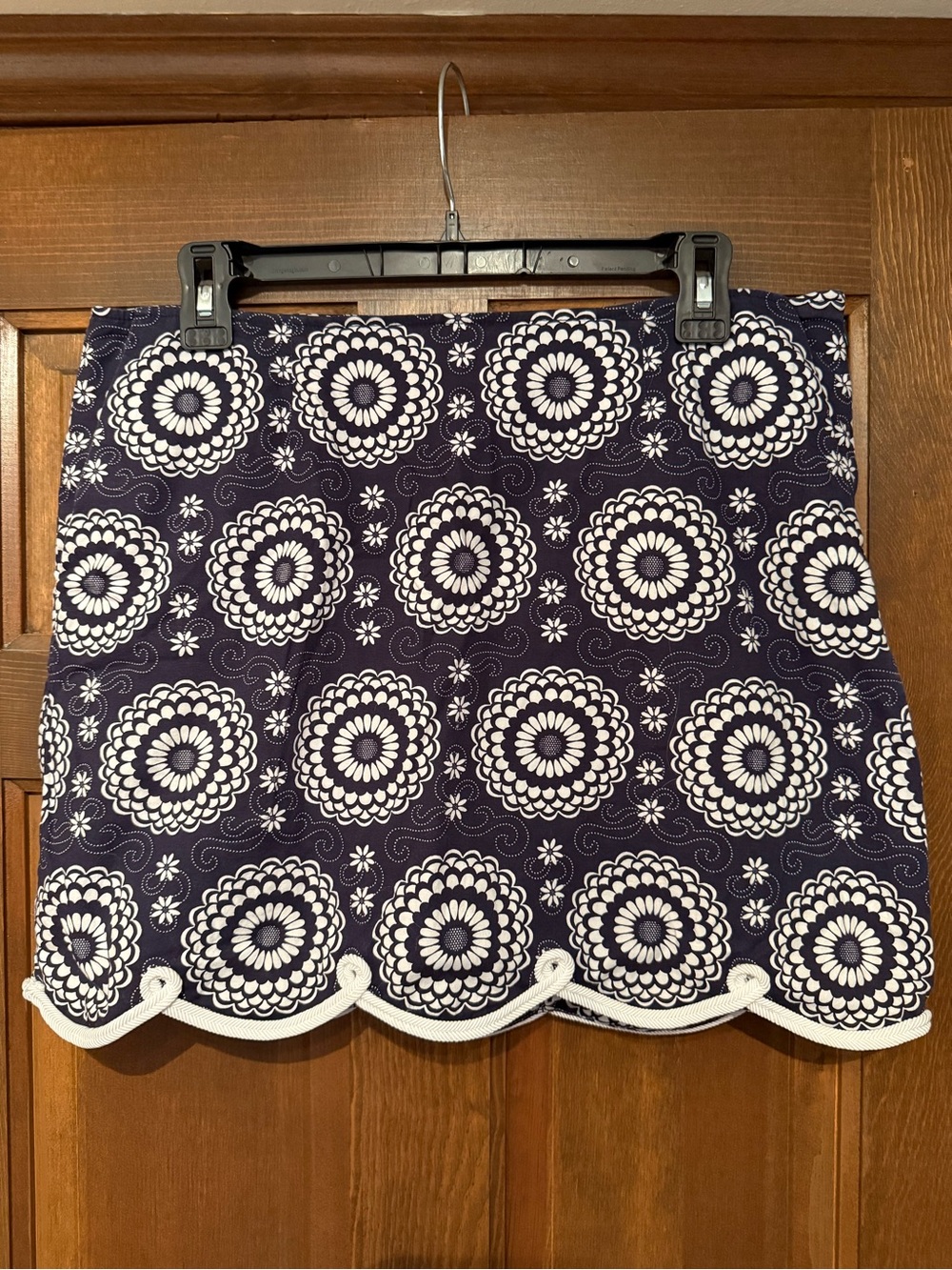 Golftini Navy Scalloped Hem Midi Skirt with White Floral Medallion Print